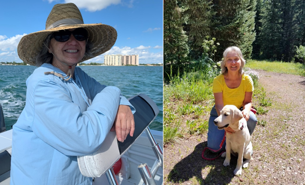 Suzanne enjoying two of her favorite hobbies: boating and guide dog training